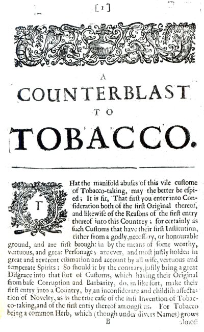 Ein Gegenangriff auf Tabak, eine Abhandlung von James I. von England (1566-1625), veröffentlicht in einer Anti-Raucher-Broschüre, 1672 von English School